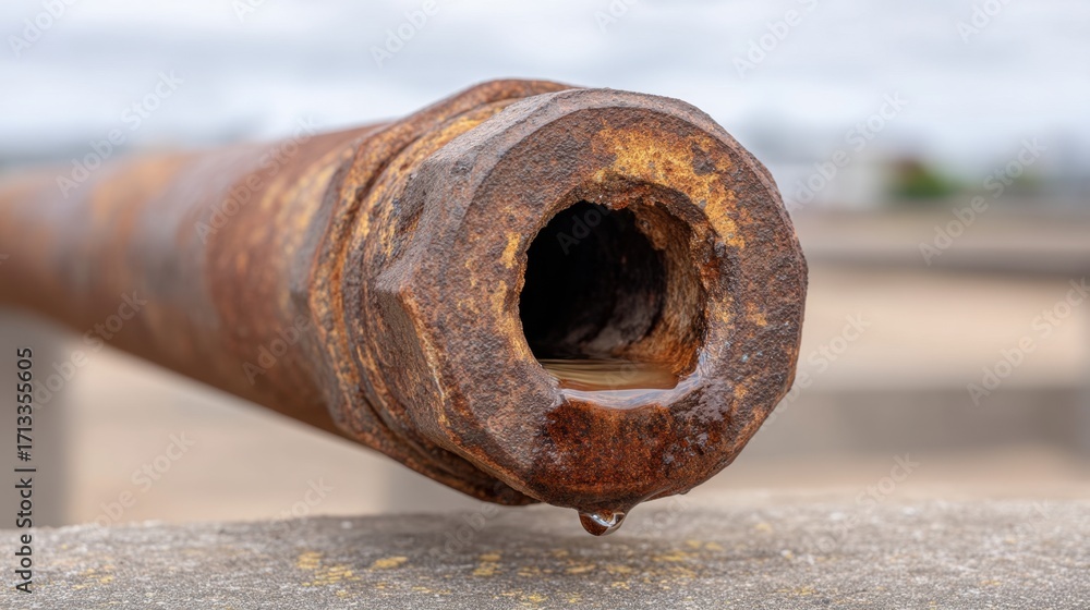 Poster close-up view of rusty pipe showing erosion and water drip in industrial setting under cloudy sky