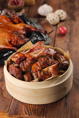 Preserved Air-Dried Duck Food Display in Bamboo Steamer - Traditional New Years Handmade Chinese Cuisine