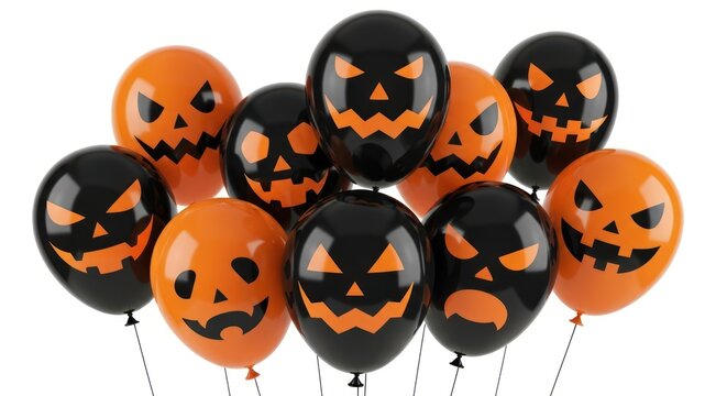 Halloween balloon party celebration with scary face designs in orange and black colors