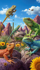 Colorful Artificial Desert Landscape with Fictional Reptiles: Vibrant Bearded Dragon and Green Lizard in a Bright Wildlife Cartoon Illustration