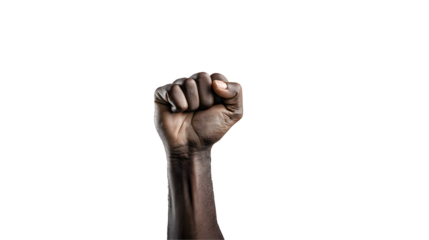 A raised dark skinned fist against a transparent background shot