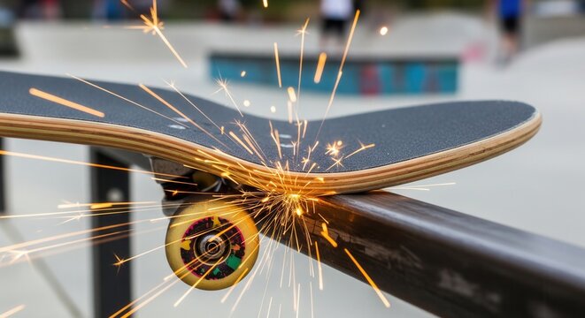 Skater Grind Sparks from Skateboard Wheel at Urban Park Setting