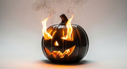 Infernal halloween spectacle: a dark pumpkin ablaze with ethereal flames and simmering smoke