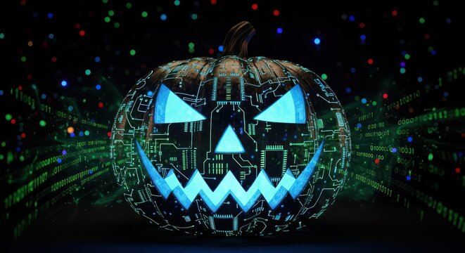 Futuristic Halloween: Digitally Enhanced Jack-o'-Lantern with Circuit Board Design