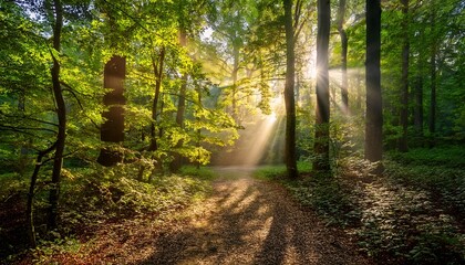 Sunbeams Filtering Through Green Leaves In A Sun Drenched Forest Path Woods Trees