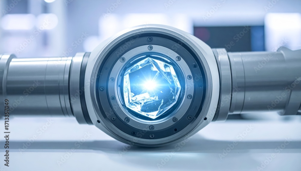 Poster futuristic metallic device with glowing hexagonal core technology