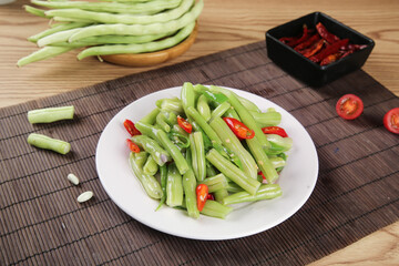 Fresh Green Bean Stir-Fry with Red Chili Peppers on White Plate - Healthy Asian Vegetable Dish