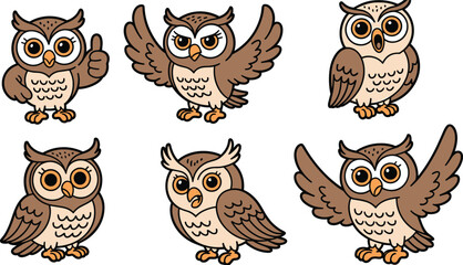 Cartoon owls with expressive emotions, cute bird characters, wildlife illustration set, funny animal poses, educational mascot design, adorable vector art collection