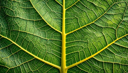 Obraz premium Close-up view of intricate leaf veins, showcasing a vibrant green leaf structure with bright yellow highlights.