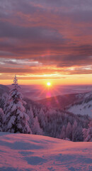 Breathtaking Sunrise and Sunset Winter Landscape: Colorful Sky Over Snowy Mountains and Pine Trees in Tranquil Scenic Nature Photography