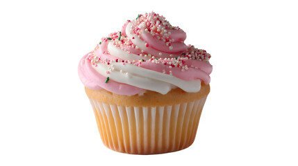 Close up of a cupcake with pink and white frosting swirls
