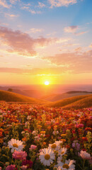 Sunset Glow Over Wildflower Field: Serene Spring Landscape with Vibrant Colors and Mountain Backdrop
