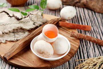 Fresh Duck Eggs with Orange Yolk on Rustic Wooden Board - Farm Fresh Free Range Organic Food Photography