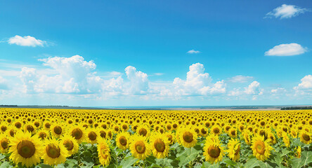 Blooming Sunflowers Under a Blue Sky: Vibrant Yellow Fields and Clouds in a Rural Summer Landscape - Stock Photo of Eco-Friendly Nature, Agriculture, and Stunning Botanical Scene