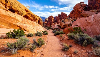 Desert canyon trail under a vibrant sky