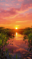 Vibrant Sunset Reflection Over Tranquil River Landscape with Lush Greenery and Serene Wildlife Habitat in Nature's Palette of Colorful Skies at Golden Hour