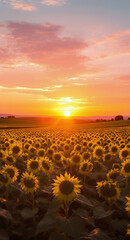 Vibrant Sunflower Field at Sunset: Captivating Nature and Agriculture Beauty in the Evening Sky