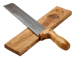 Tenon saw tool for carpentry with wooden handle and sharp blade resting on block of wood. classic woodworking instrument for precise cutting in workshop