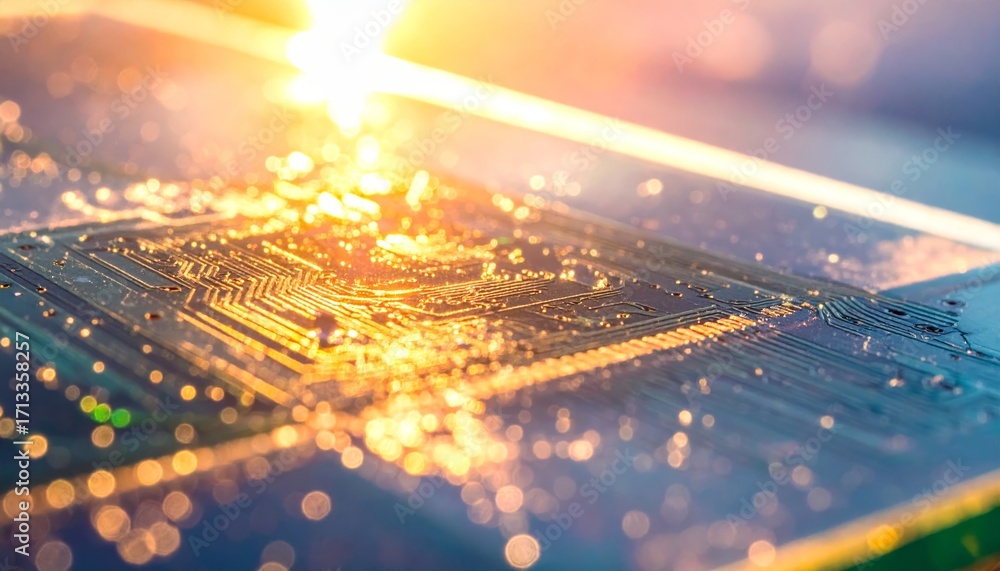 Poster close-up of circuit board with sunlight reflection and bokeh effect