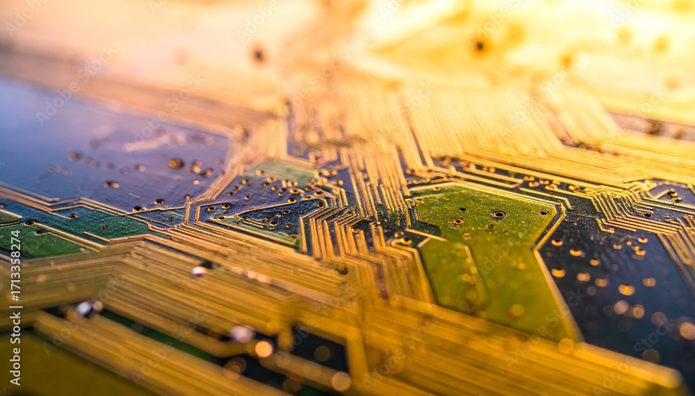 Poster intricate close-up of circuit board with golden traces and patterns