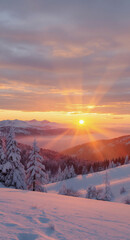 Winter Wonderland Sunrise Over Snowy Mountain Range: Serene Landscape Photography with Pine Trees and Tranquil Atmosphere During Golden Hour