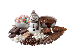Creative marshmallow snowman dessert arrangement with melted chocolate, candy, and sweets. happy, festive treat for winter Christmas party, delicious and fun assortment