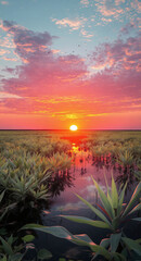 Serene Sunset Landscape: Vibrant Tropical Evening with Reflections and Colorful Skies in Scenic Countryside