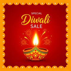 Diwali sale announcement with lit diya lamp and fireworks on red background special offer