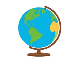 Colorful stylized illustration of a simple globe on a stand, with landmasses in green and yellow tones, and a blue background.