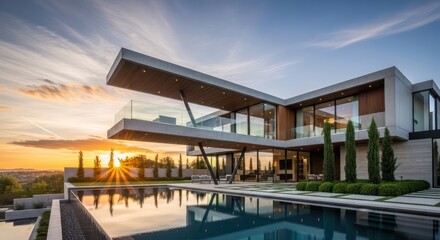 Fototapeta premium A spectacular modern home basking in the glow of a vibrant sunset luxury living