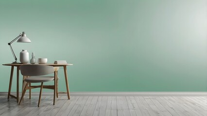 Modern Home Office Interior with Wooden Desk, Chair and Minimal Green Wall Background