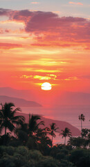 Tropical Sunset Over Idyllic Ocean Horizon with Palm Trees and Colorful Clouds: Tranquil Nature and Scenic Paradise View