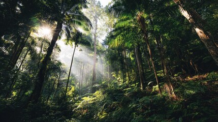 Morning sunbeams illuminating a lush tropical jungle with tall palm trees and green ferns.
