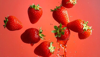 Fresh strawberries cascade in vibrant splashes against a coral backdrop, showcasing juicy details and a captivating visual narrative.