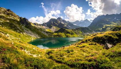 Obraz premium Serene alpine lake nestled in a valley surrounded by towering mountains under a vibrant, sunny sky.