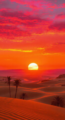 Vibrant Sunset Silhouettes Over Desert Trees and Sand Dunes: A Tranquil Landscape of Scenic Beauty and Natural Serenity