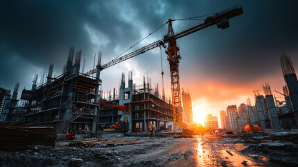Large crane lifting steel framework over city skyline in dramatic wide-angle view