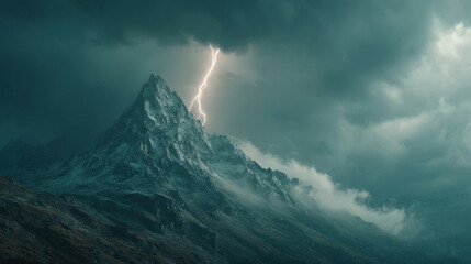 Dramatic lightning bolt striking mountain peak under surreal cinematic sky