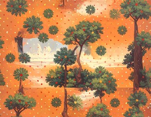 Orange patterned background with trees, flowers, and a beach scene