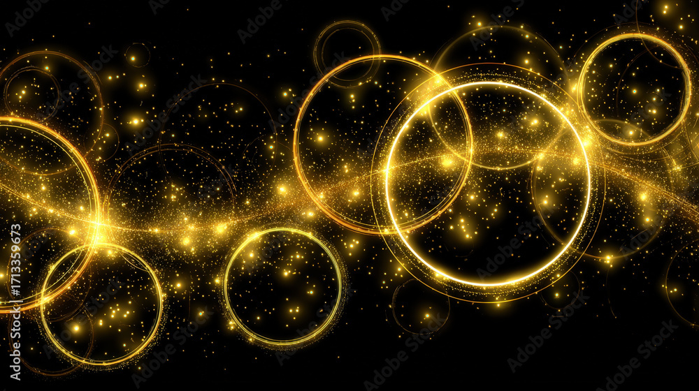 Poster elegant golden glowing circles floating in dark space with sparkling particles