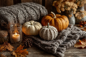 Cozy autumn still life with pumpkins, candles, and knitted blanket on wooden table