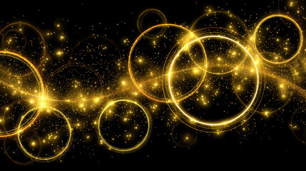 Elegant golden glowing circles floating in dark space with sparkling particles