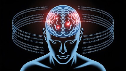 Digital brain with binary code streams and glowing red nodes in a human head technology