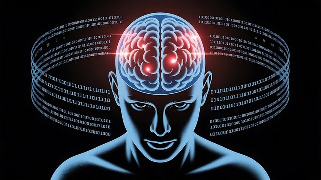 Digital brain with binary code streams and glowing red nodes in a human head technology