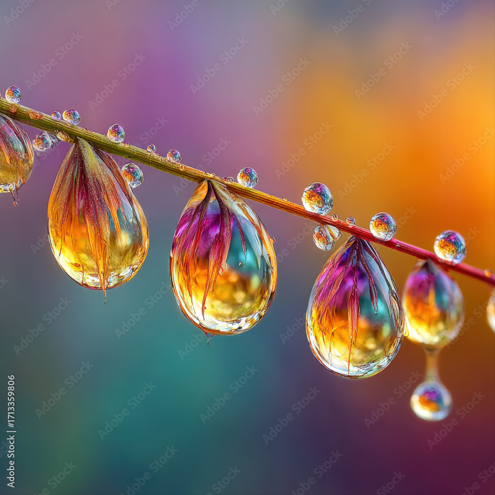 Poster macro close-up of transparent water droplet with glowing reflections and minimal design