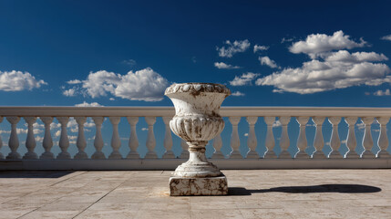 Fototapeta premium Marble pedestal on outdoor terrace under vibrant summer sky with bright sunlight