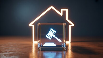 Gavel inside glass cube with glowing house outline in background judge justice