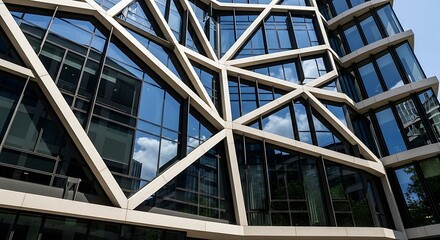 Modern building with geometric glass facade.