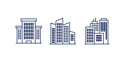 Minimal line icons set of various buildings including hospitals, townhouses, museums, city skyscrapers ideal for urban architecture, real estate, and infrastructure design