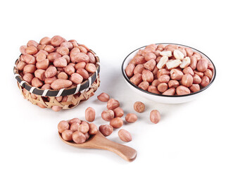 Fresh Raw Peanuts with Pink Skin in Basket and Bowl on White Background